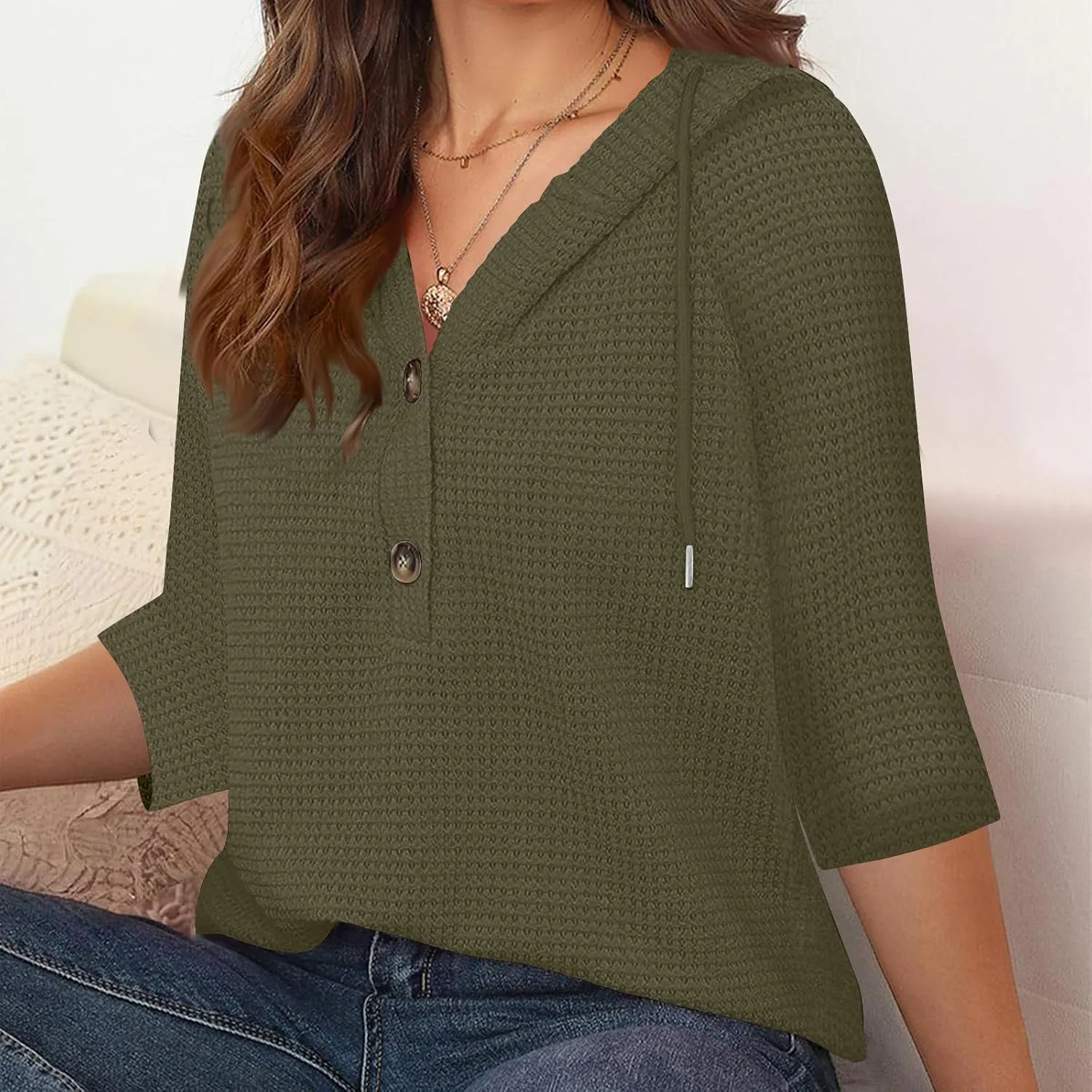 Waffle Knit Tops for Women Loose Fit 3/4 Sleeve Henley V Neck T Shirts Casual Spring Knitted Lightweight Tunic Hoodie