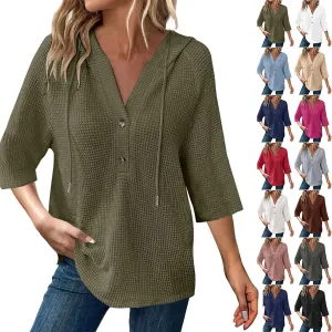 Waffle Knit Tops for Women Loose Fit 3/4 Sleeve Henley V Neck T Shirts Casual Spring Knitted Lightweight Tunic Hoodie