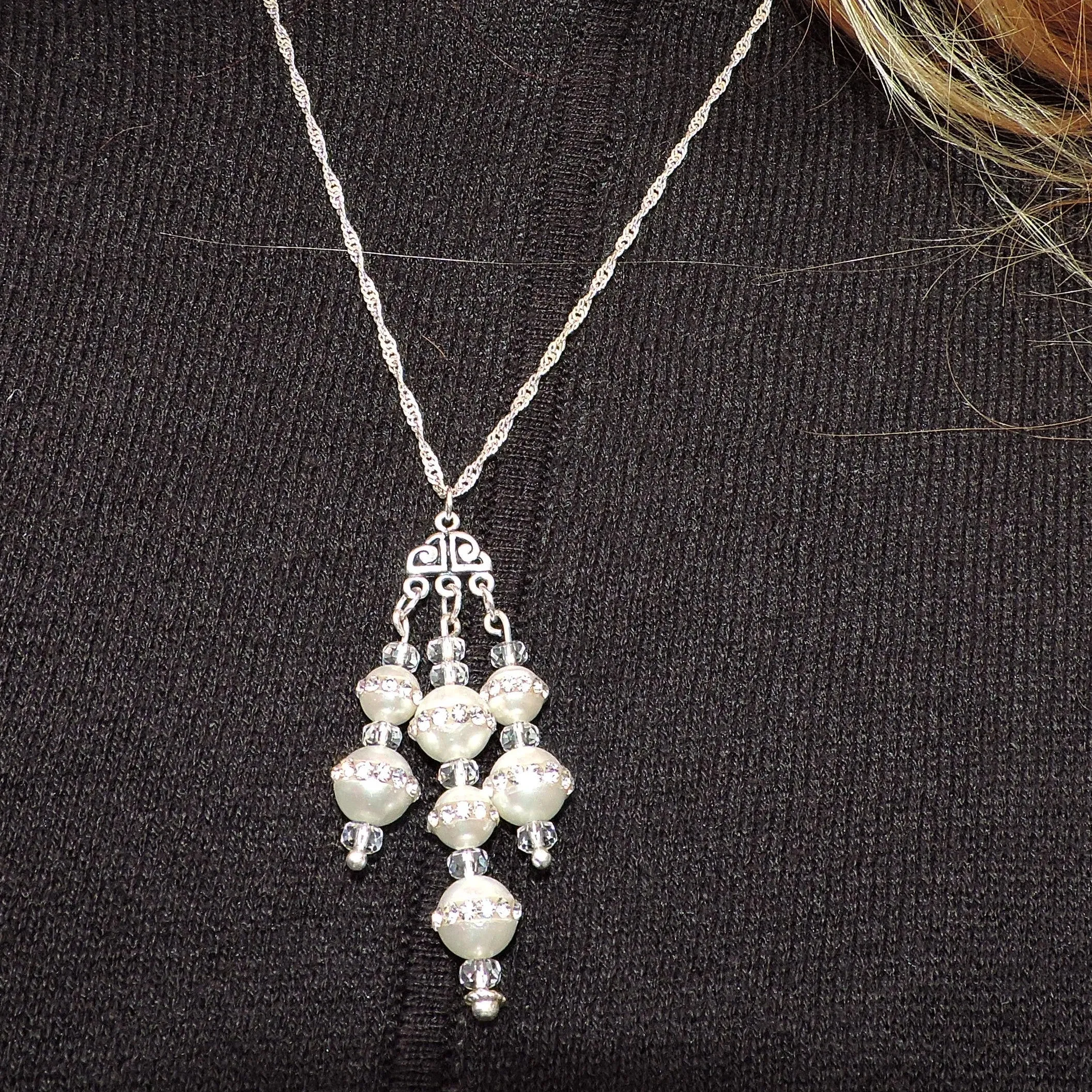 White Pearl and Swarovski Crystal Necklace and Dangle Earrings Set