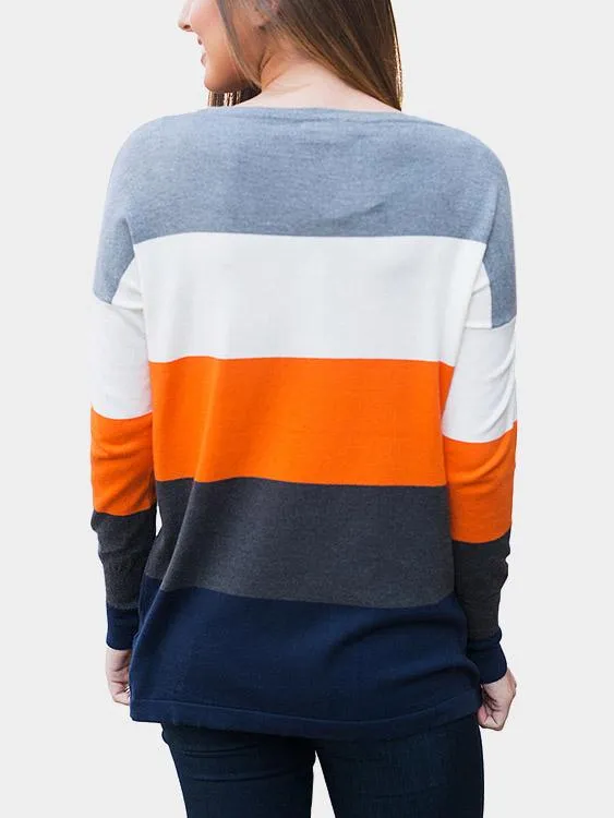 Wholesale Round Neck Stripe Side Pockets Long Sleeve T-Shirts