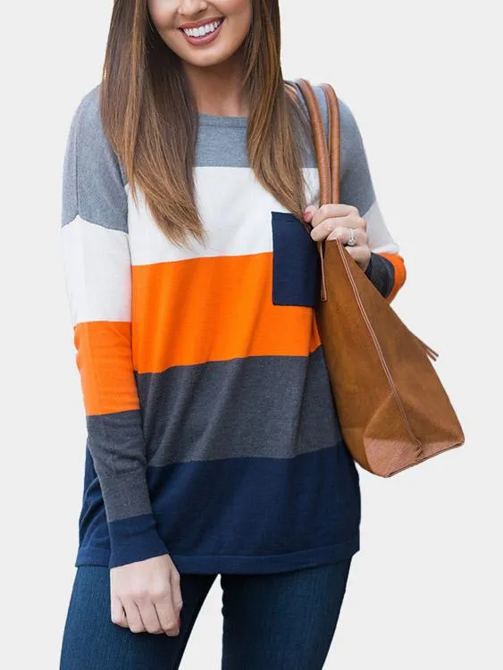 Wholesale Round Neck Stripe Side Pockets Long Sleeve T-Shirts