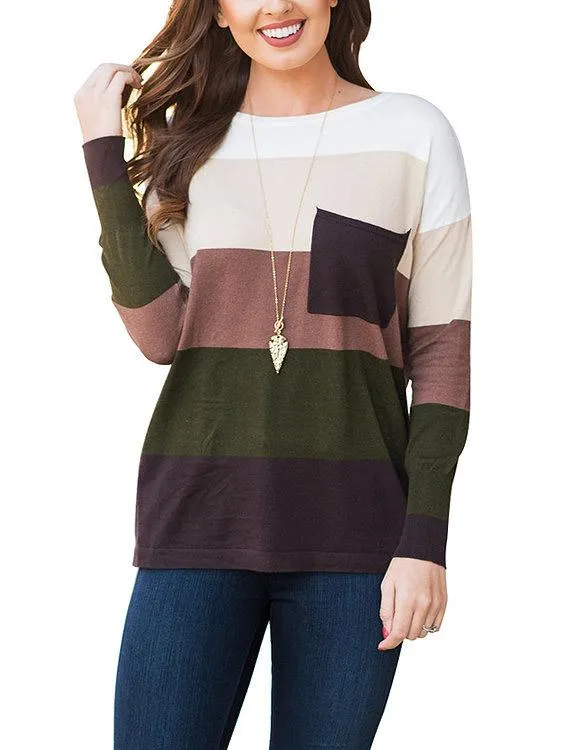 Wholesale Round Neck Stripe Side Pockets Long Sleeve T-Shirts