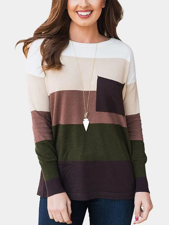 Wholesale Round Neck Stripe Side Pockets Long Sleeve T-Shirts