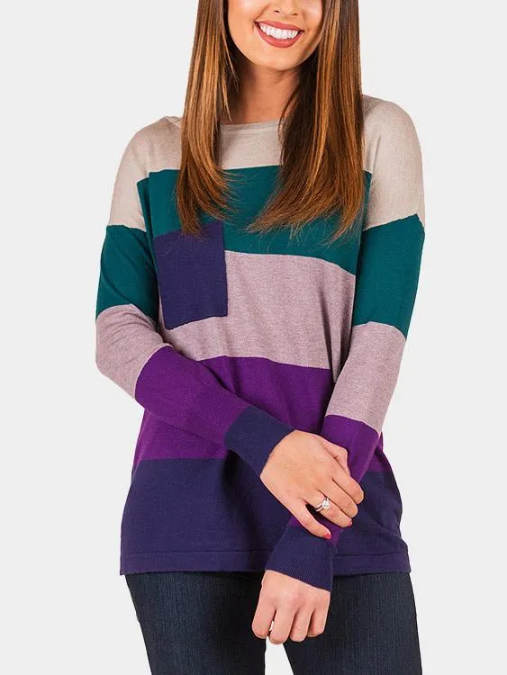 Wholesale Round Neck Stripe Side Pockets Long Sleeve T-Shirts