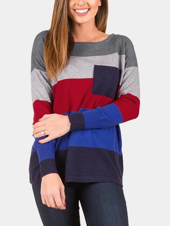 Wholesale Round Neck Stripe Side Pockets Long Sleeve T-Shirts