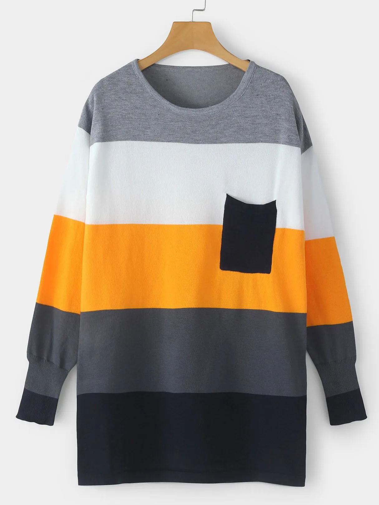 Wholesale Round Neck Stripe Side Pockets Long Sleeve T-Shirts