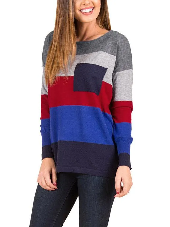 Wholesale Round Neck Stripe Side Pockets Long Sleeve T-Shirts