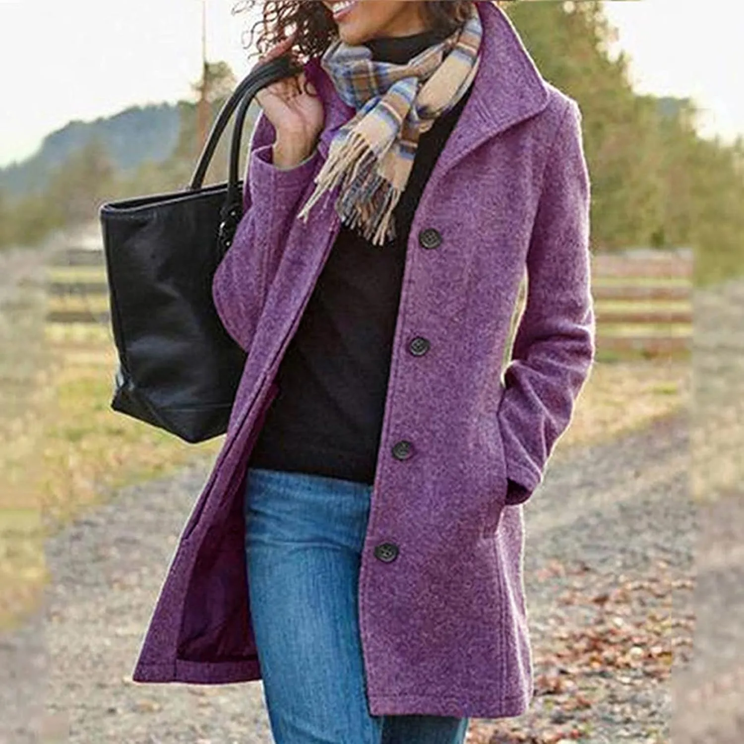 Winter Pea Coat for Women Dressy Single Breasted Long Trench Coat Casual Stand Collar Thicken Warm Overcoat