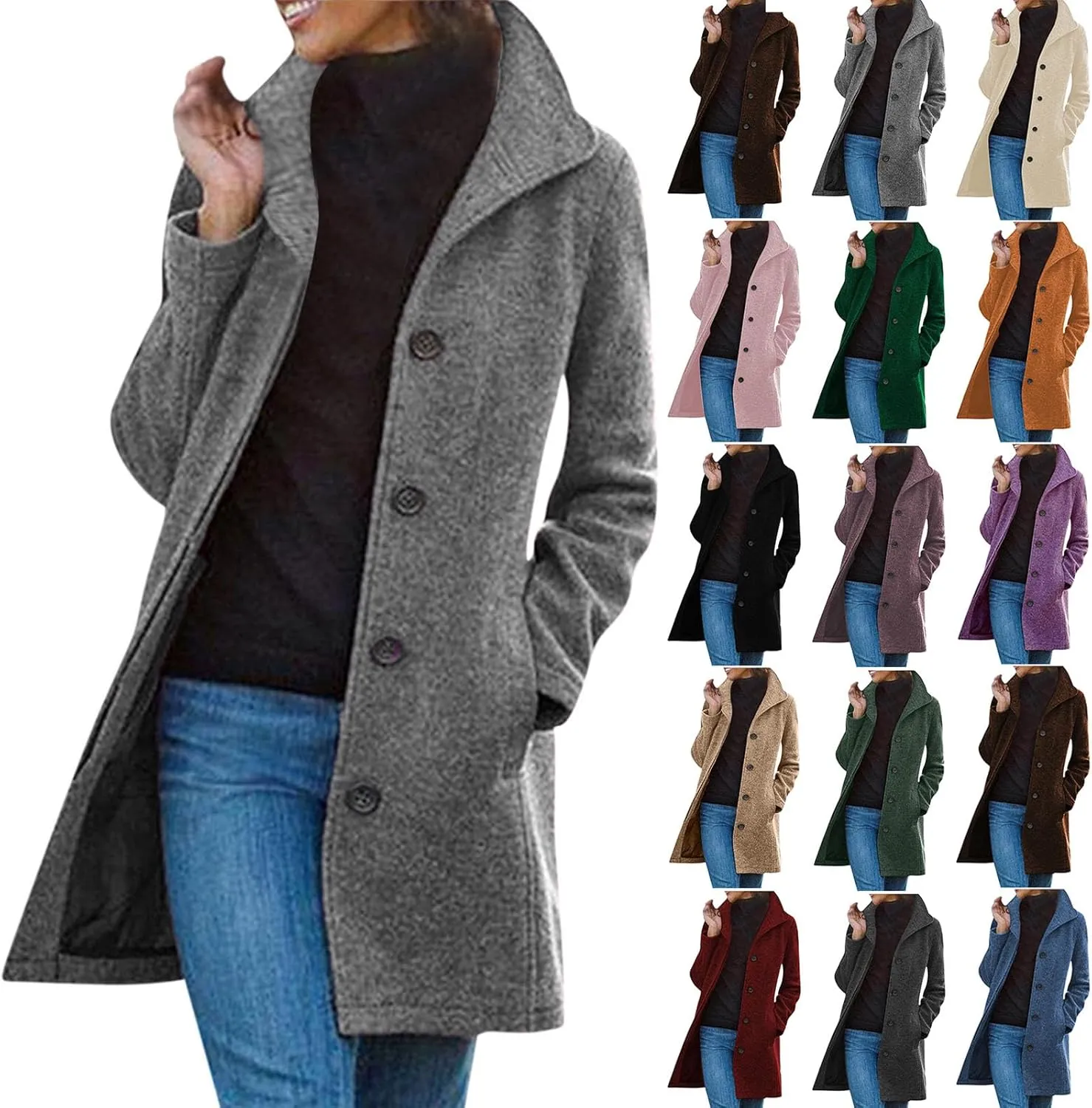 Winter Pea Coat for Women Dressy Single Breasted Long Trench Coat Casual Stand Collar Thicken Warm Overcoat