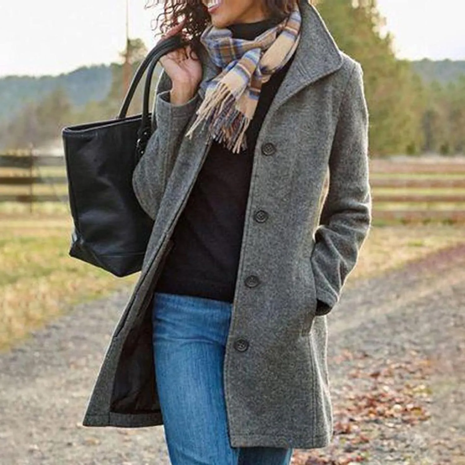 Winter Pea Coat for Women Dressy Single Breasted Long Trench Coat Casual Stand Collar Thicken Warm Overcoat