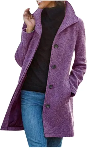 Winter Pea Coat for Women Dressy Single Breasted Long Trench Coat Casual Stand Collar Thicken Warm Overcoat