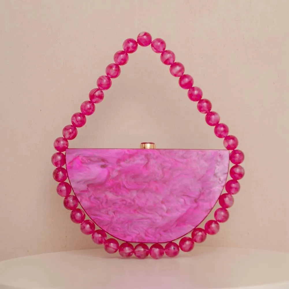 Women Acrylic Evening Clutch Purse Half Round Handbag for Wedding Party Cocktail Stylish Pearl Chain Evening Bag