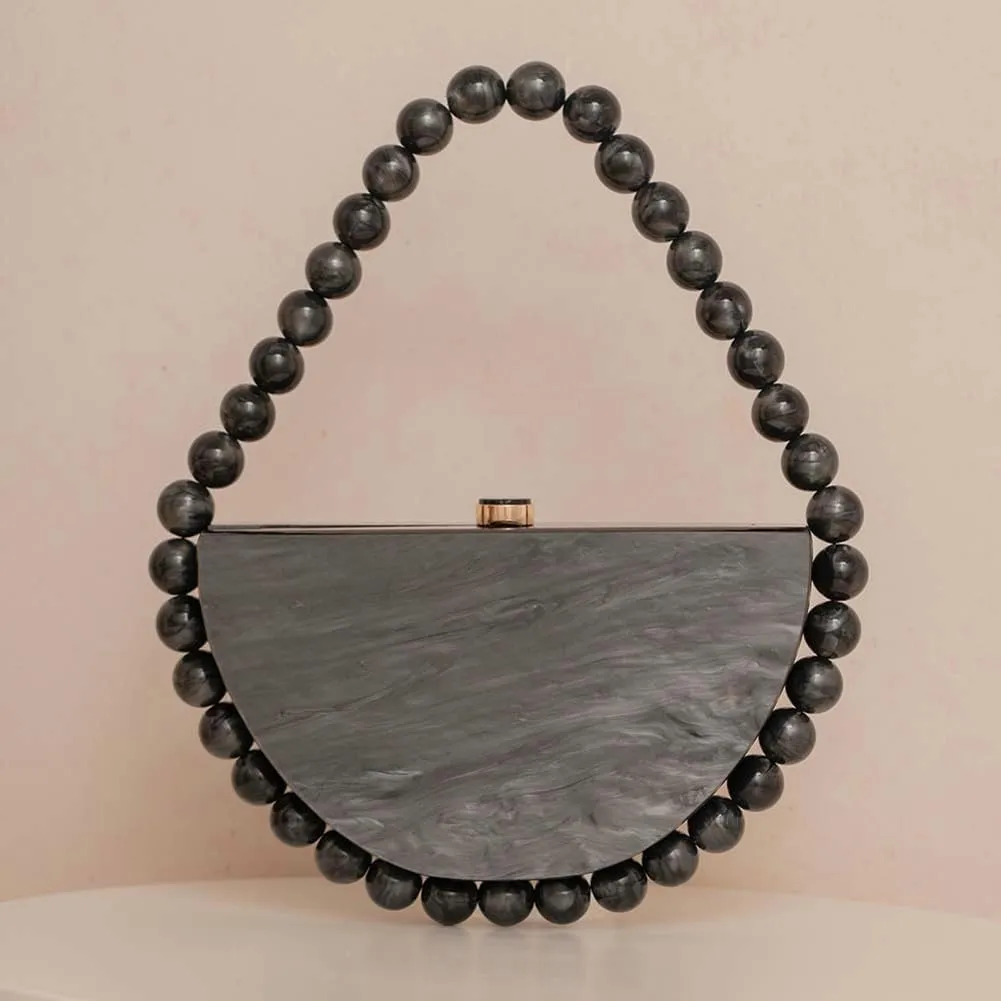 Women Acrylic Evening Clutch Purse Half Round Handbag for Wedding Party Cocktail Stylish Pearl Chain Evening Bag