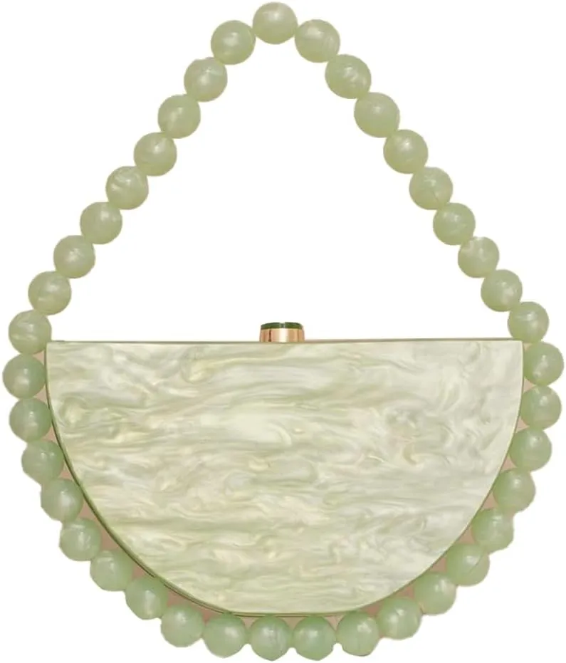 Women Acrylic Evening Clutch Purse Half Round Handbag for Wedding Party Cocktail Stylish Pearl Chain Evening Bag