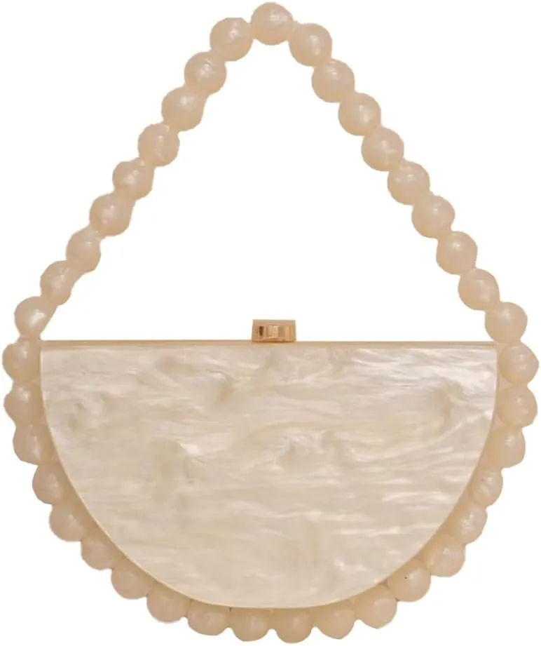 Women Acrylic Evening Clutch Purse Half Round Handbag for Wedding Party Cocktail Stylish Pearl Chain Evening Bag