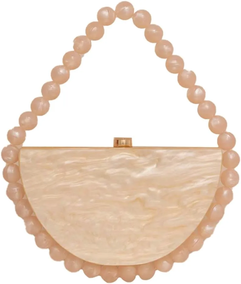 Women Acrylic Evening Clutch Purse Half Round Handbag for Wedding Party Cocktail Stylish Pearl Chain Evening Bag