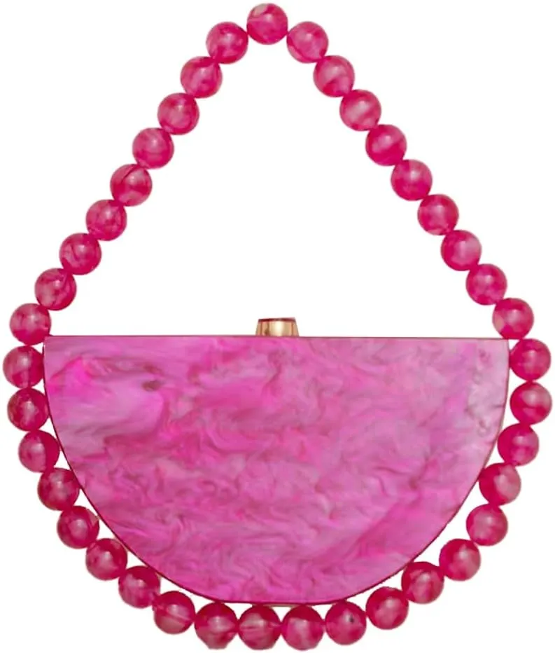 Women Acrylic Evening Clutch Purse Half Round Handbag for Wedding Party Cocktail Stylish Pearl Chain Evening Bag