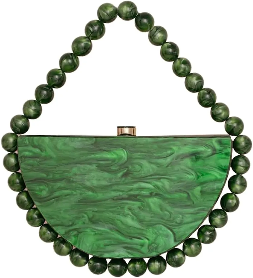 Women Acrylic Evening Clutch Purse Half Round Handbag for Wedding Party Cocktail Stylish Pearl Chain Evening Bag