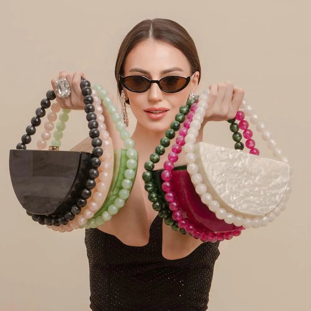 Women Acrylic Evening Clutch Purse Half Round Handbag for Wedding Party Cocktail Stylish Pearl Chain Evening Bag