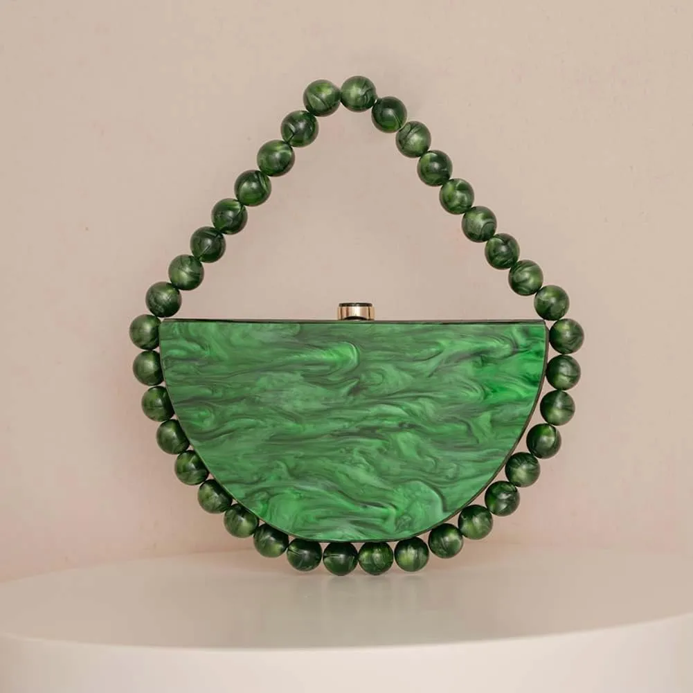 Women Acrylic Evening Clutch Purse Half Round Handbag for Wedding Party Cocktail Stylish Pearl Chain Evening Bag