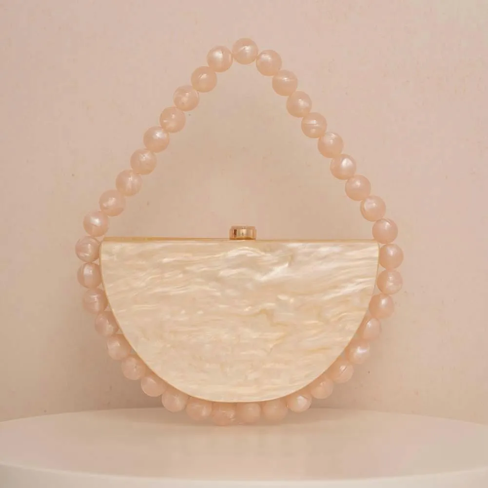 Women Acrylic Evening Clutch Purse Half Round Handbag for Wedding Party Cocktail Stylish Pearl Chain Evening Bag