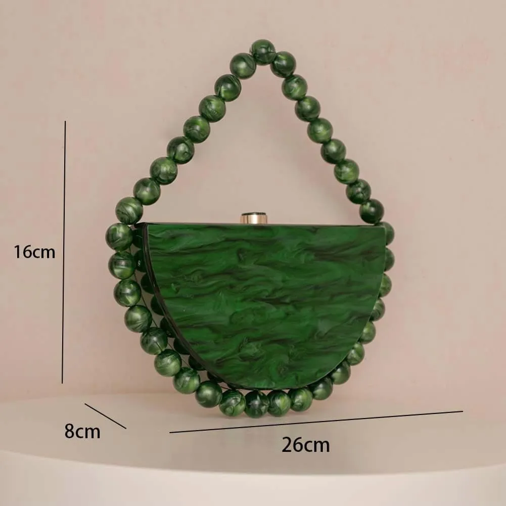 Women Acrylic Evening Clutch Purse Half Round Handbag for Wedding Party Cocktail Stylish Pearl Chain Evening Bag