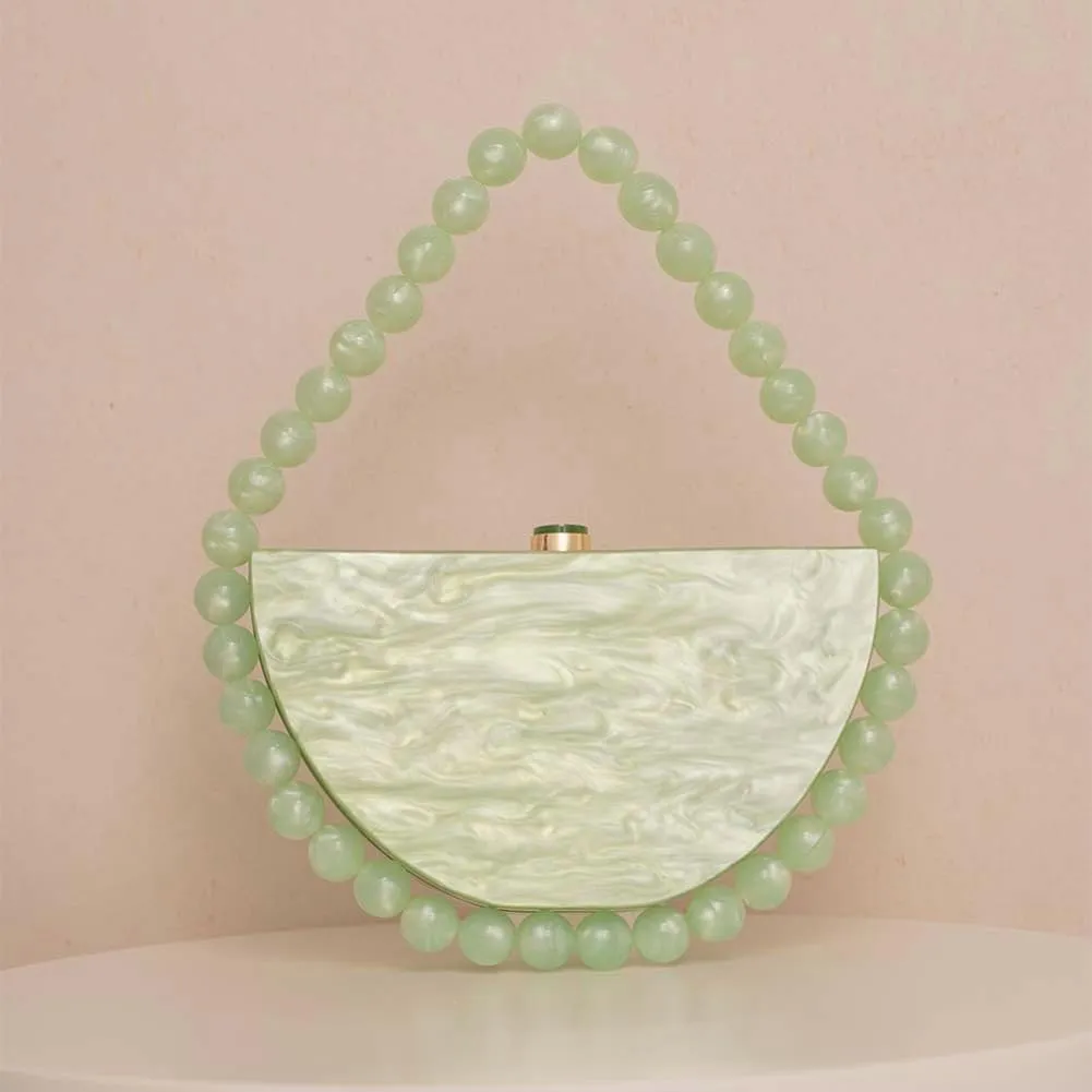 Women Acrylic Evening Clutch Purse Half Round Handbag for Wedding Party Cocktail Stylish Pearl Chain Evening Bag