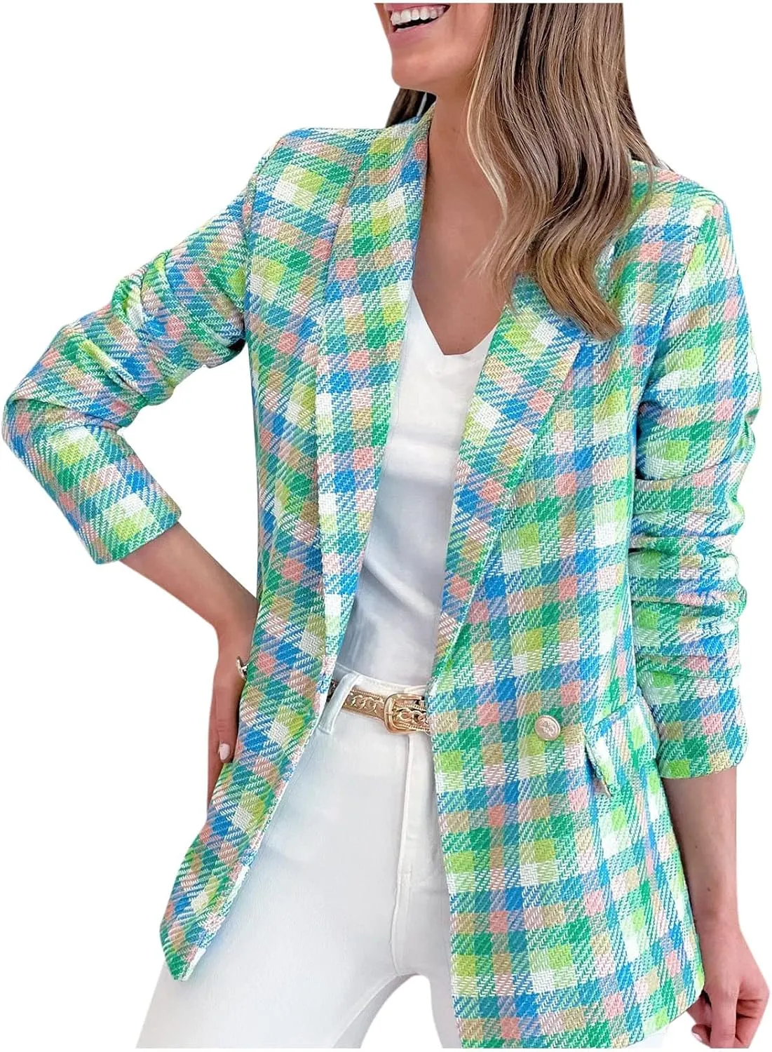 Women Casual Blazer Jacket Twill Plaid Blazers Long Sleeve Double Breasted Open Front Colorful Office Work Clothes