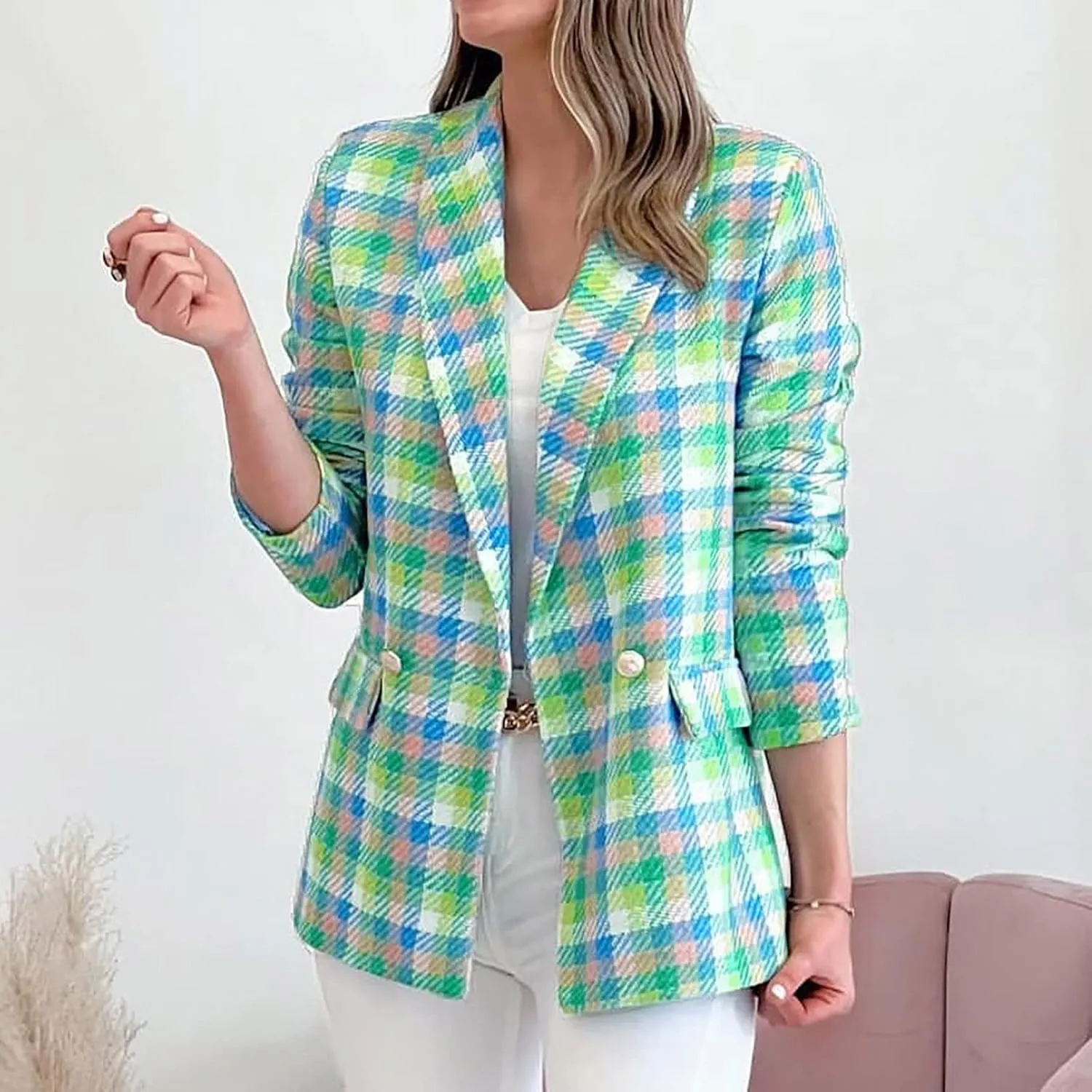 Women Casual Blazer Jacket Twill Plaid Blazers Long Sleeve Double Breasted Open Front Colorful Office Work Clothes