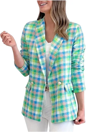 Women Casual Blazer Jacket Twill Plaid Blazers Long Sleeve Double Breasted Open Front Colorful Office Work Clothes