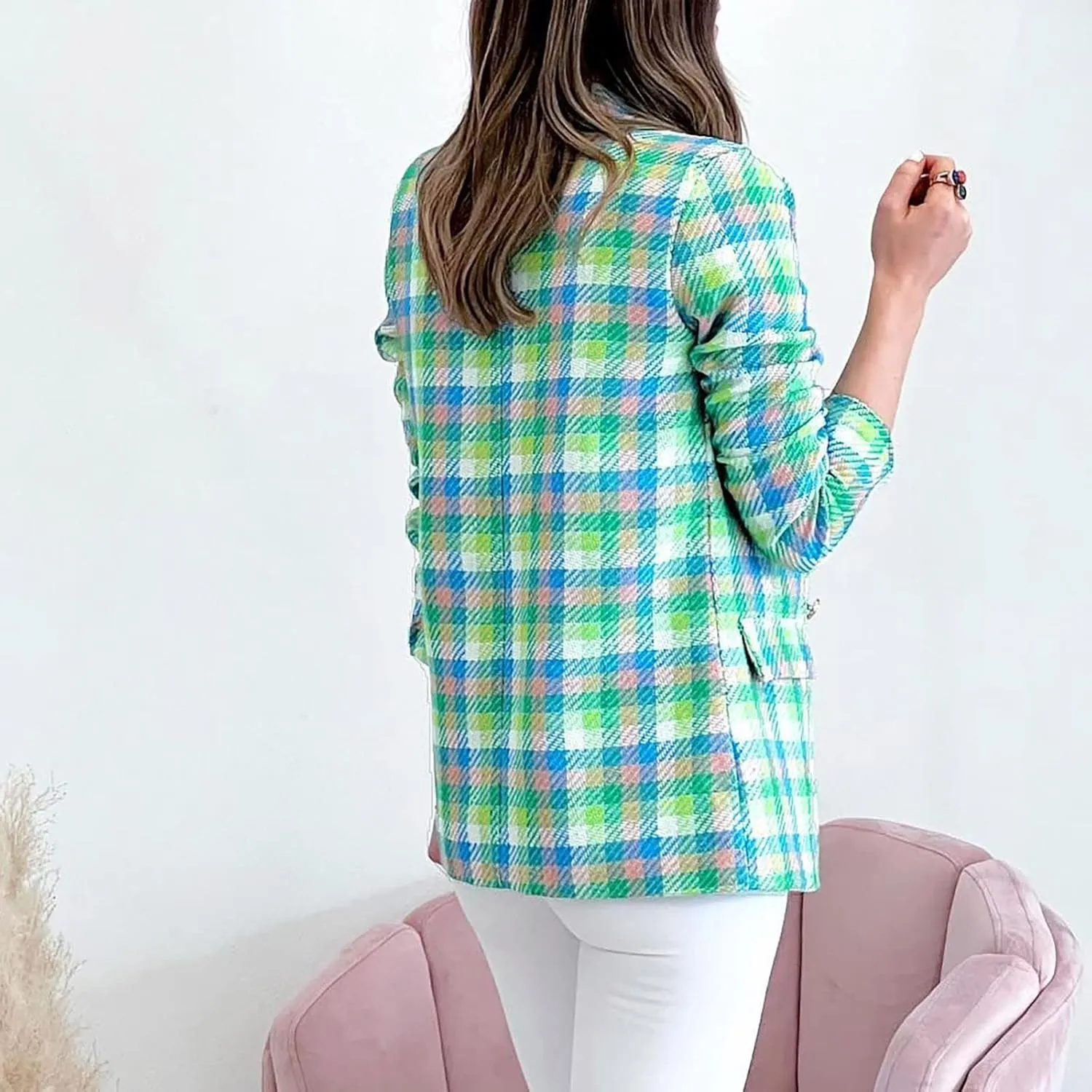 Women Casual Blazer Jacket Twill Plaid Blazers Long Sleeve Double Breasted Open Front Colorful Office Work Clothes