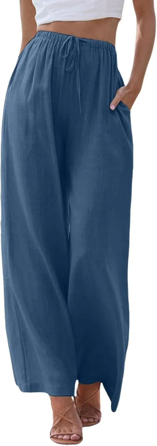 Women Cotton Linen Pants Wide Leg High Waist Flowy Summer Drawstring Pant Trouser Casual Lounge Beach Travel Vacation Clothes