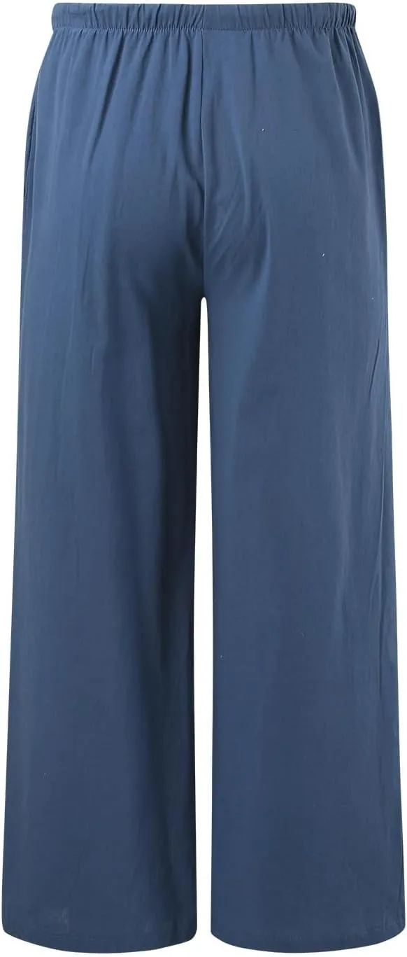 Women Cotton Linen Pants Wide Leg High Waist Flowy Summer Drawstring Pant Trouser Casual Lounge Beach Travel Vacation Clothes