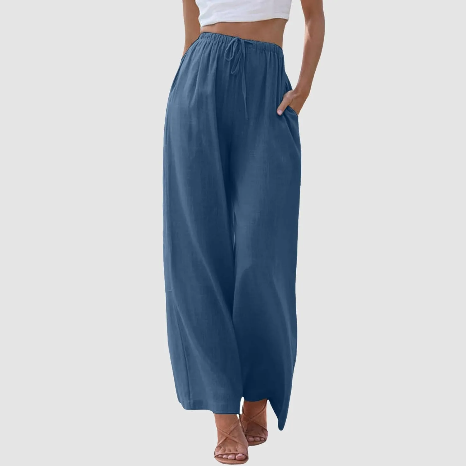 Women Cotton Linen Pants Wide Leg High Waist Flowy Summer Drawstring Pant Trouser Casual Lounge Beach Travel Vacation Clothes