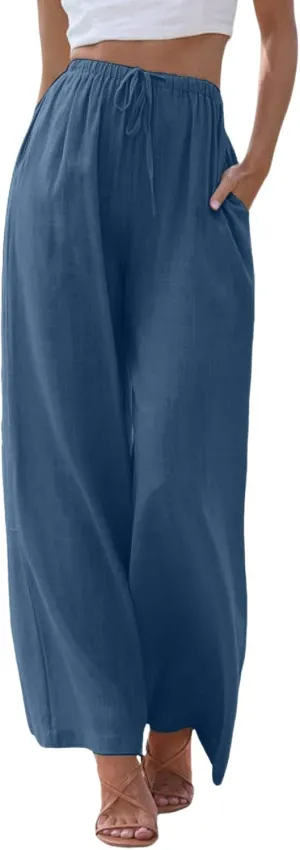 Women Cotton Linen Pants Wide Leg High Waist Flowy Summer Drawstring Pant Trouser Casual Lounge Beach Travel Vacation Clothes