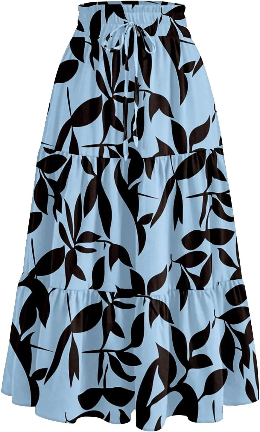 Women Floral Skirt A Line Tiered Pleated Flowy Midi Skirt with Pockets Casual Elastic High Waisted Boho Beach Skirts