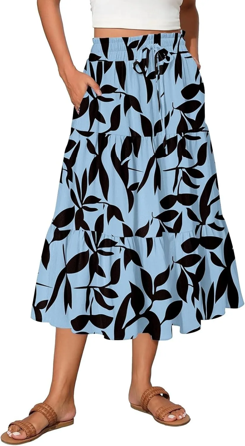 Women Floral Skirt A Line Tiered Pleated Flowy Midi Skirt with Pockets Casual Elastic High Waisted Boho Beach Skirts