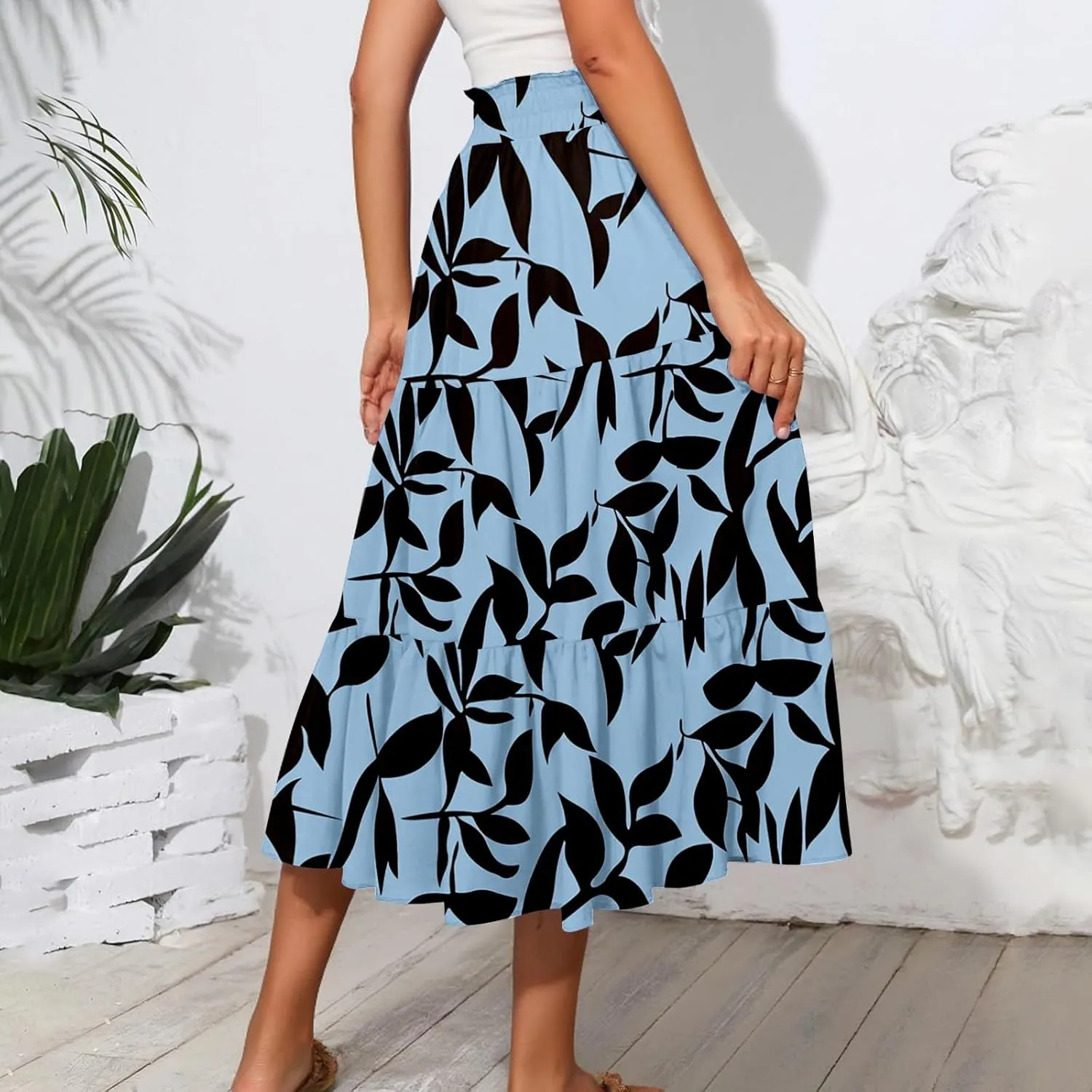 Women Floral Skirt A Line Tiered Pleated Flowy Midi Skirt with Pockets Casual Elastic High Waisted Boho Beach Skirts