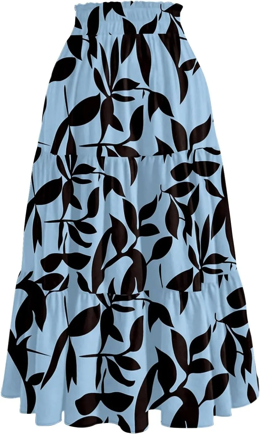 Women Floral Skirt A Line Tiered Pleated Flowy Midi Skirt with Pockets Casual Elastic High Waisted Boho Beach Skirts
