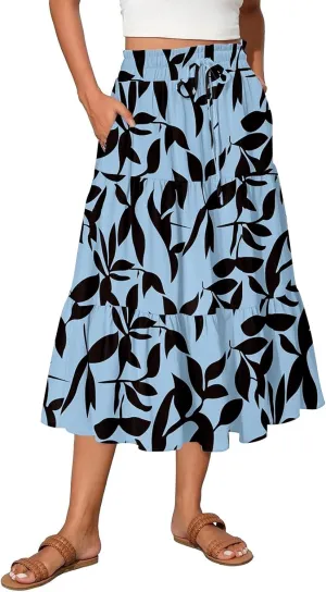 Women Floral Skirt A Line Tiered Pleated Flowy Midi Skirt with Pockets Casual Elastic High Waisted Boho Beach Skirts