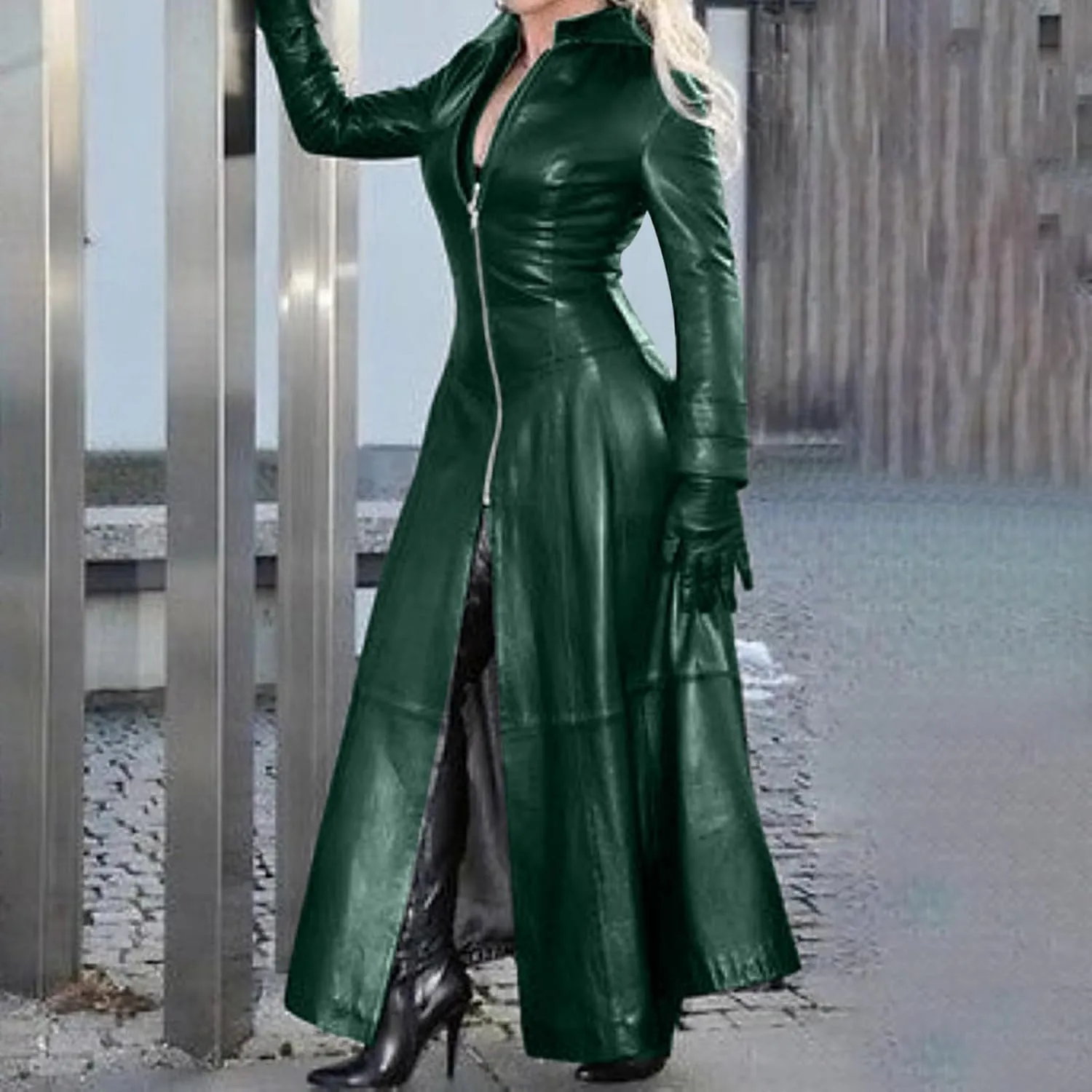 Women Leather Jacket 2024 Long Sleeve Jacket Dress Zipper Leather Long Jacket Coats Lapel Collar Outwear Boater