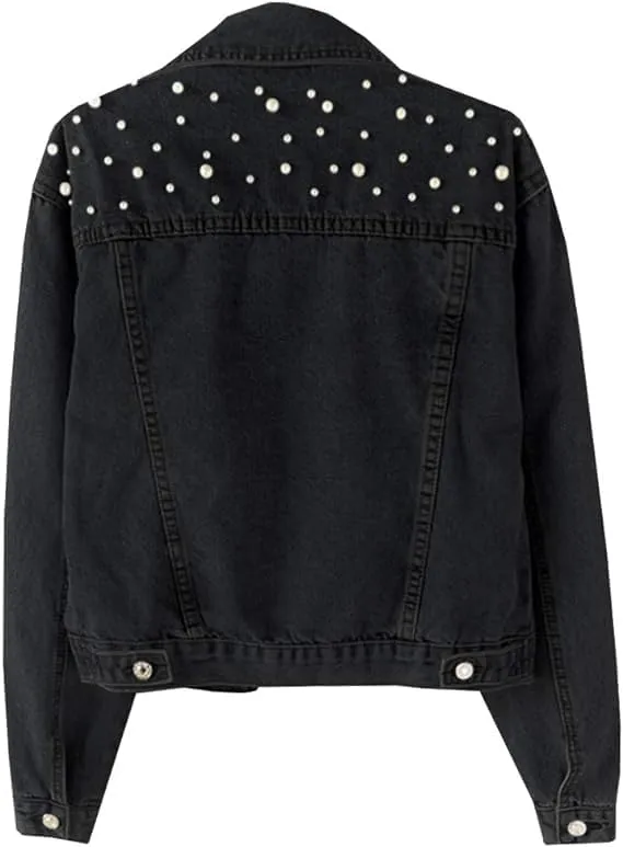Women Oversized Denim Jacket Embroidered Pearls Beading Cropped Long Sleeve Boyfriend Jeans Coat