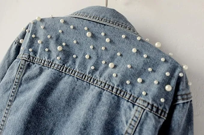 Women Oversized Denim Jacket Embroidered Pearls Beading Cropped Long Sleeve Boyfriend Jeans Coat