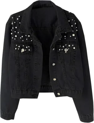 Women Oversized Denim Jacket Embroidered Pearls Beading Cropped Long Sleeve Boyfriend Jeans Coat