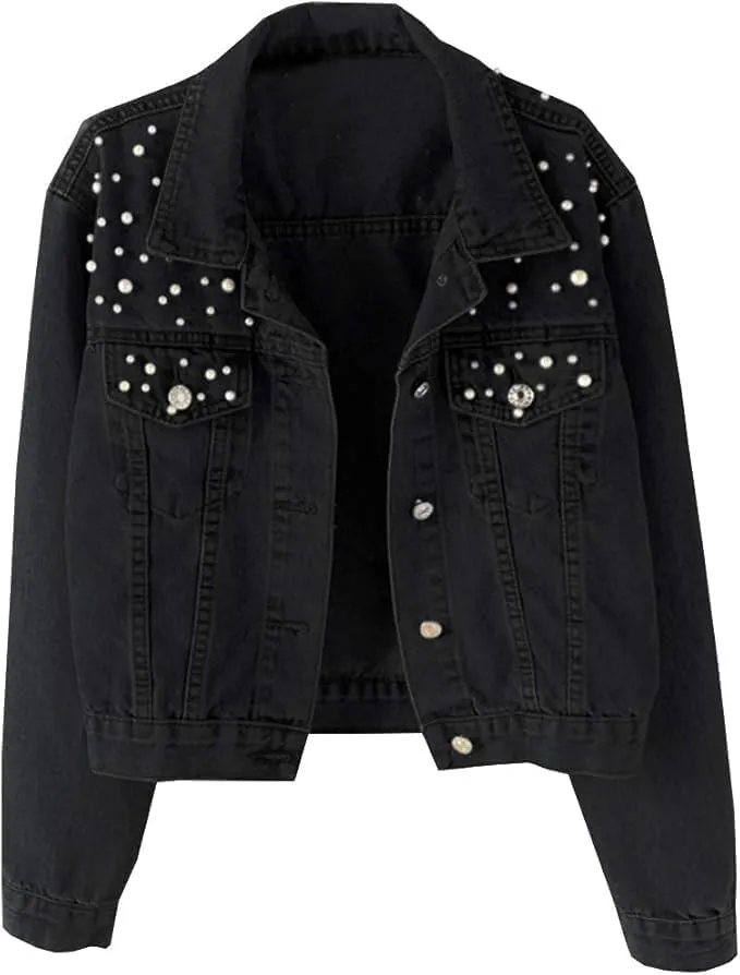 Women Oversized Denim Jacket Embroidered Pearls Beading Cropped Long Sleeve Boyfriend Jeans Coat