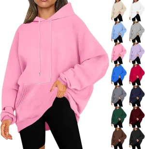 Women Oversized Hoodie Fleece Plain Plus Size Sweatshirts with Pocket Drawstring Workout Pullover Sweaters Tops