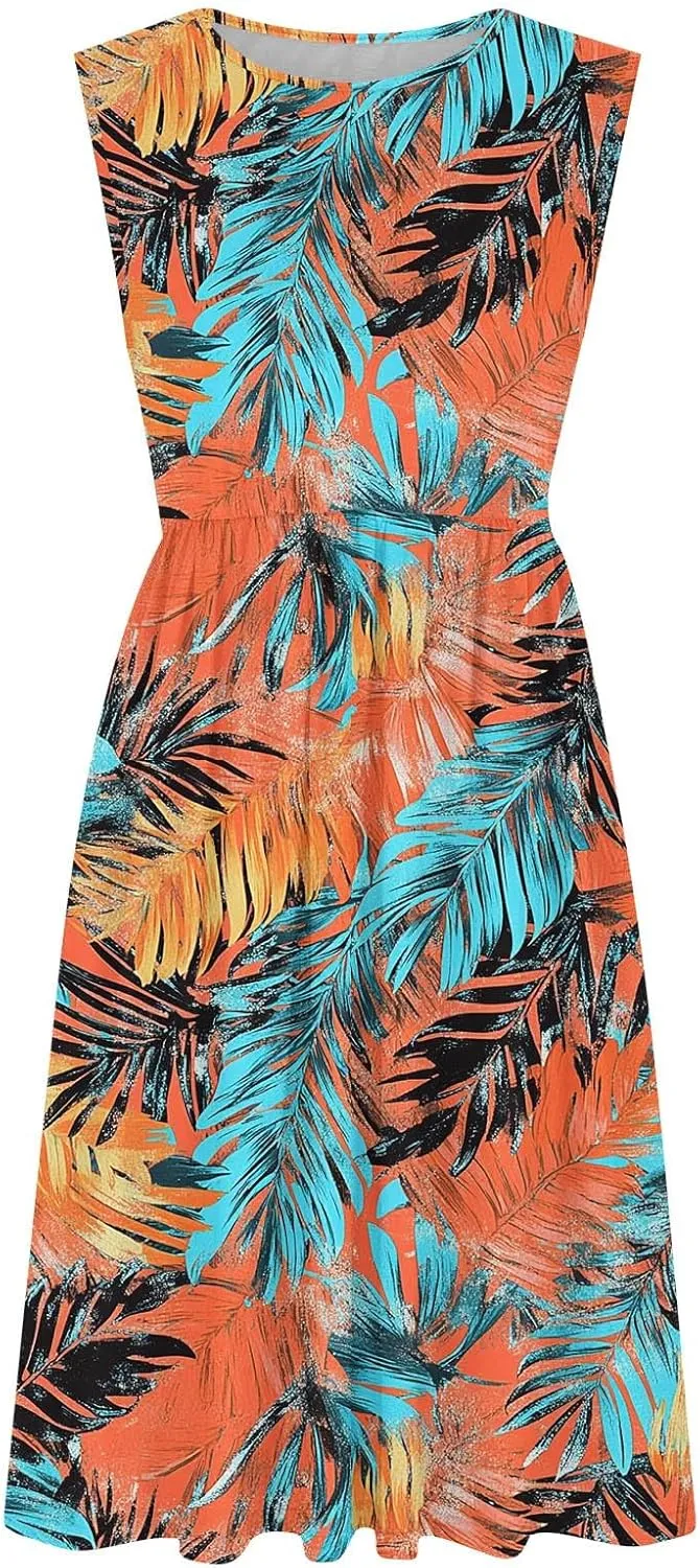 Women Patchwork Casual Dresses Fashion Floral Printed Skirt Summer Round Neck Sleeveless Pleated Beach Dress