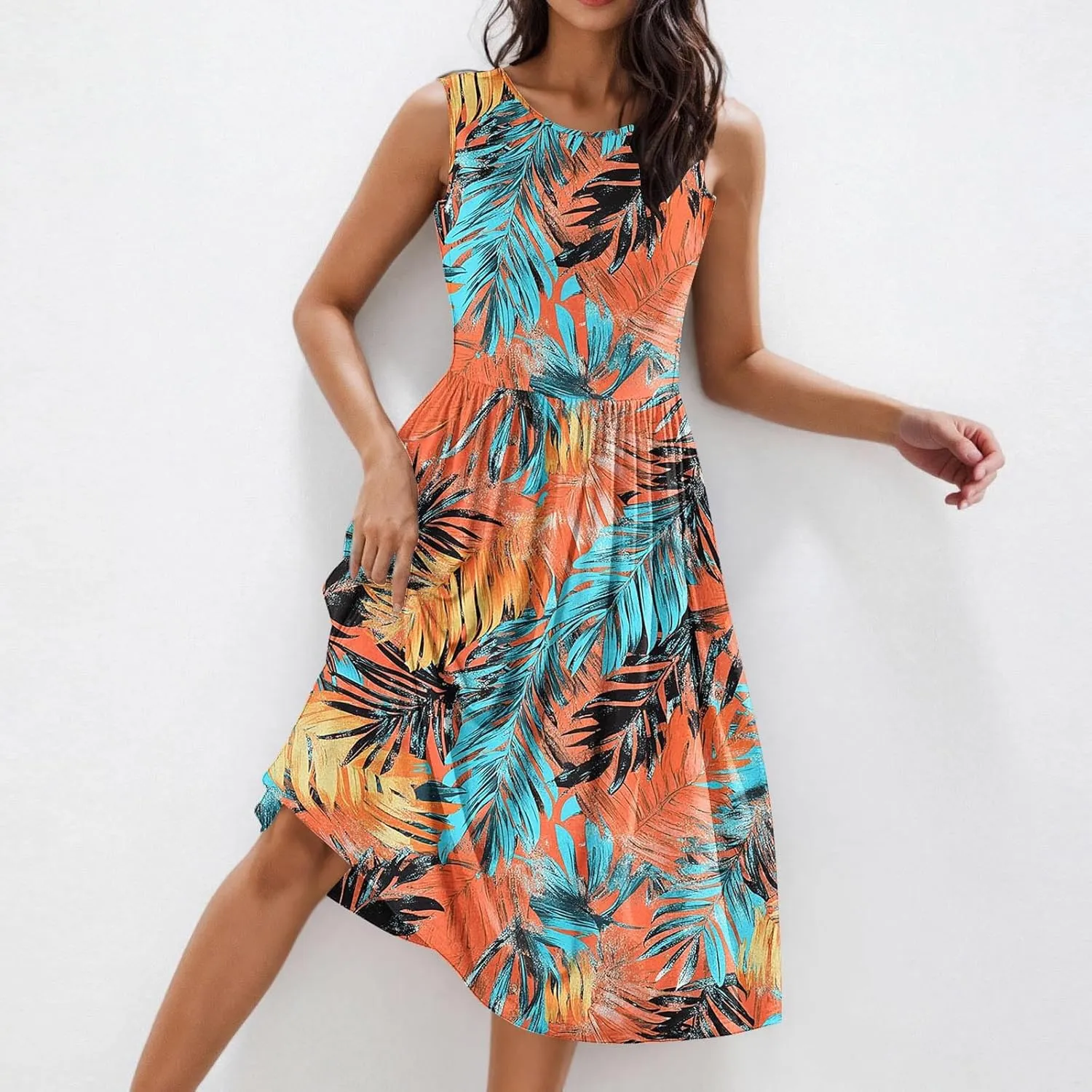 Women Patchwork Casual Dresses Fashion Floral Printed Skirt Summer Round Neck Sleeveless Pleated Beach Dress