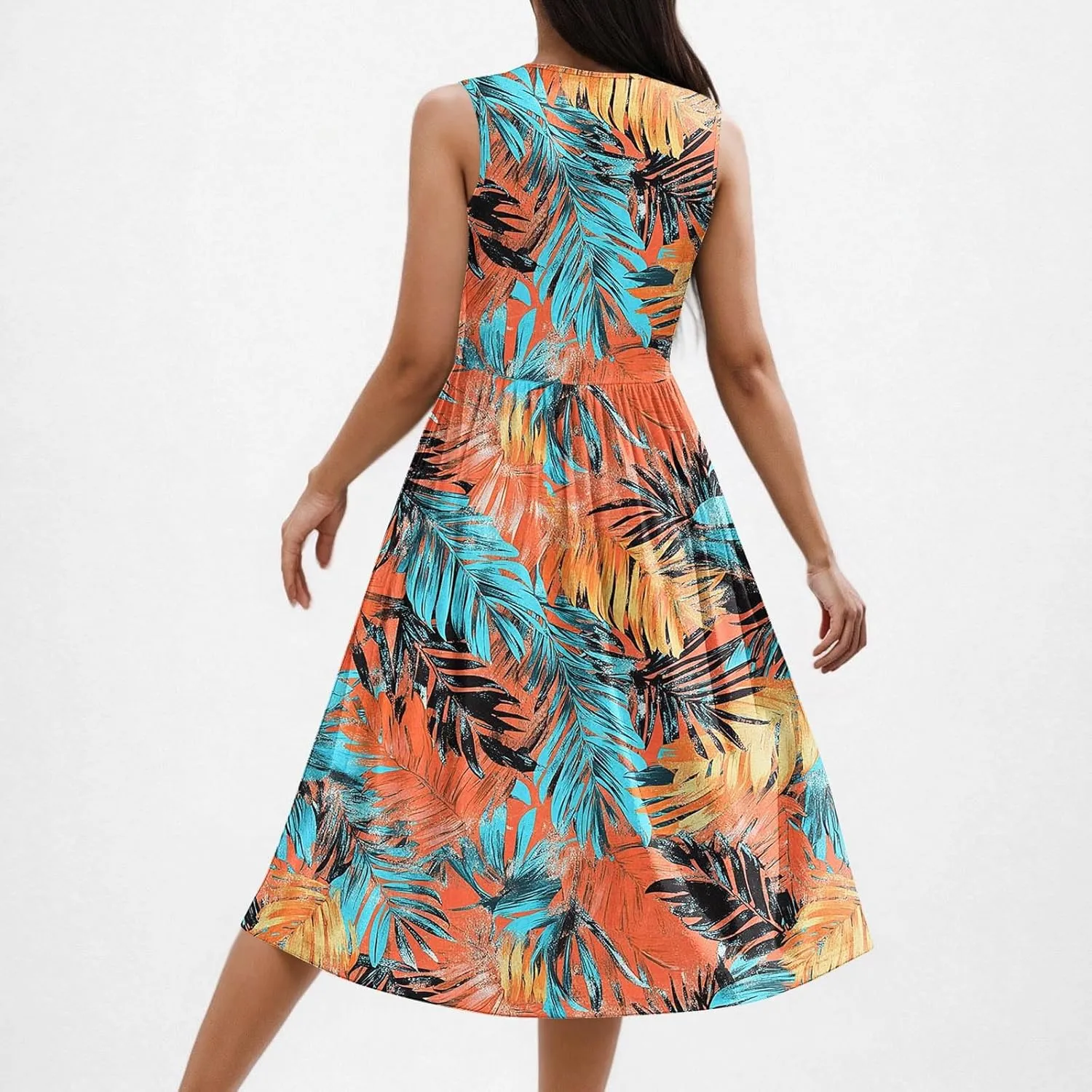 Women Patchwork Casual Dresses Fashion Floral Printed Skirt Summer Round Neck Sleeveless Pleated Beach Dress