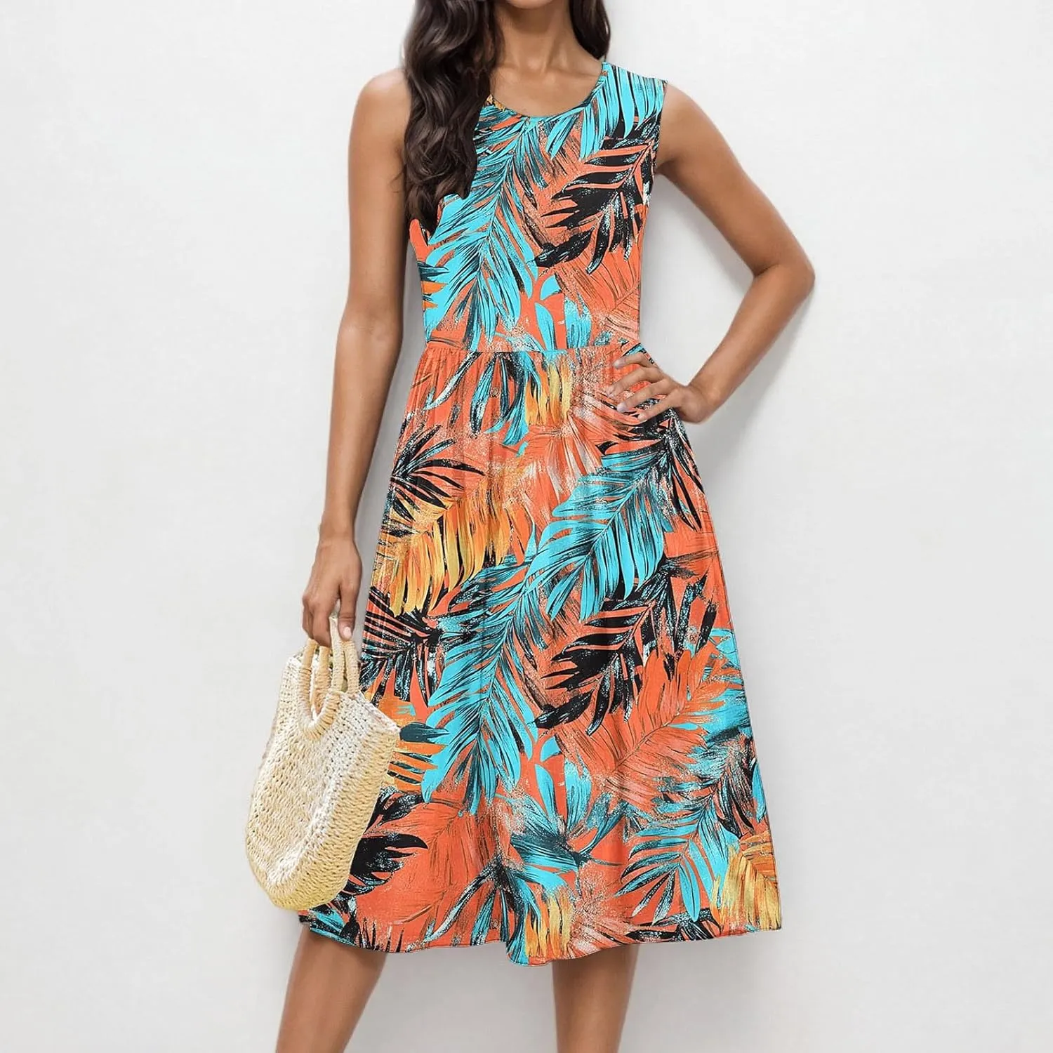 Women Patchwork Casual Dresses Fashion Floral Printed Skirt Summer Round Neck Sleeveless Pleated Beach Dress